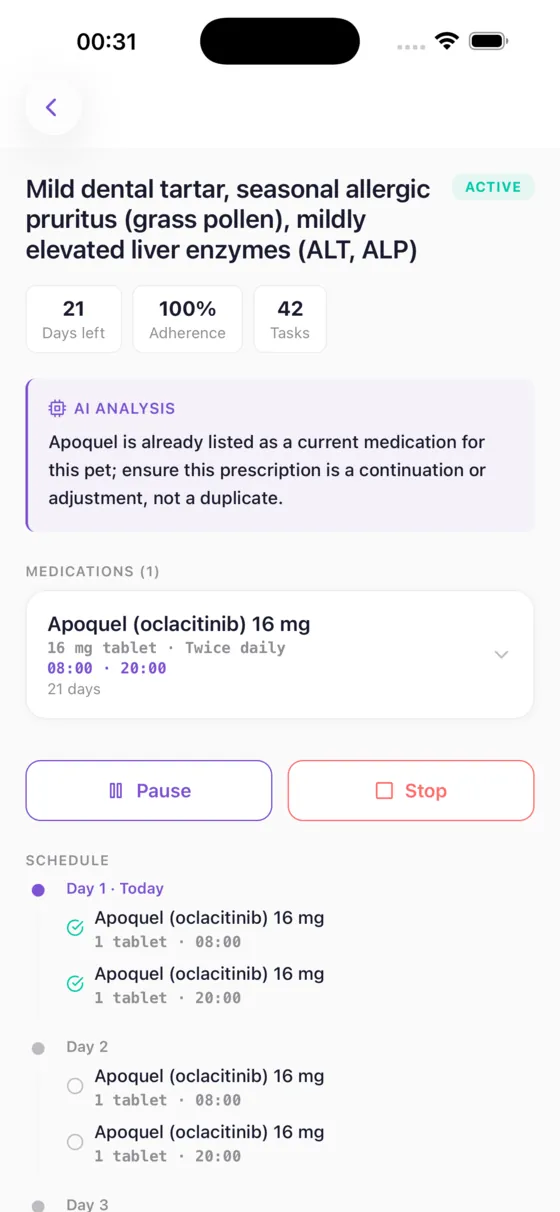 Kovan treatment screen with an AI analysis of an ear-infection protocol and a drug-interaction check